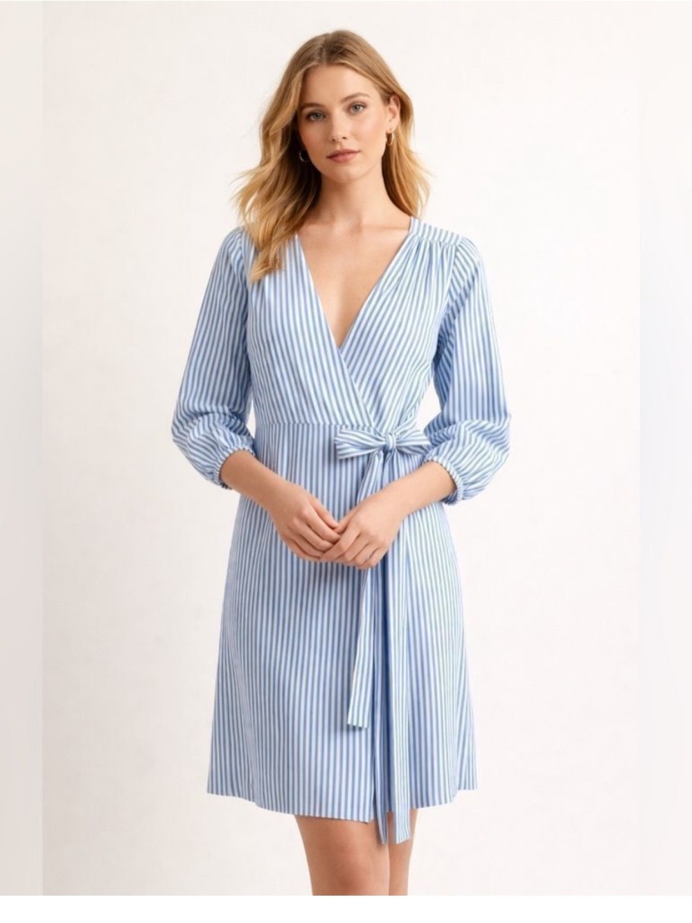 J. Crew Womens 4 Poplin Wrap Dress Blue Stripe V Neck Long Sleeve Tie Waist